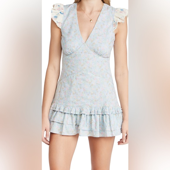 LoveShackFancy NWOT Arthur Baby Blue Skies Floral Flutter Sleeve Mini Dress Sz 0 - Picture 5 of 11
